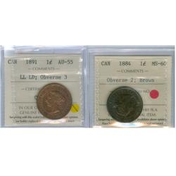 1884 1¢ Obv 2 MS60BN and 1891 1¢ LL LD, Obv 3 AU55.  Lot of 
