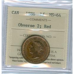 1886 Obv.2 1¢ ICCS MS64 Red, attactive and fully lustrous 90