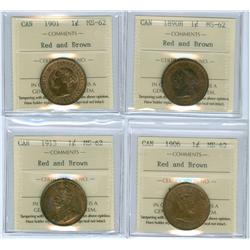 1890H, 1901, 1906 and 1915.  Lot of 4 ICCS graded 1¢ coins, 
