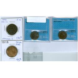 1891  1¢ Obv.3 SDSL F-15 and 1916 1¢ MS-62 Red & Brown.  Als