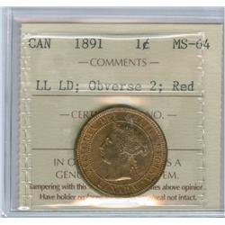 1891 1¢ LL LD, Obv 2 ICCS MS64RD.  Lustrous 90% red.
