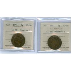 1891 1¢ LL SD Obv.2 and 1891 SDLL Obv.3  Lot of 2 ICCS grade