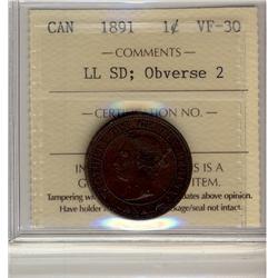 1891 1¢ LL SD Obv 2 ICCS VF-30