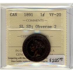 1891 1¢ SD SL Obv 2 ICCS VF20   