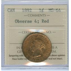 1892 1¢ Obv 4 ICCS MS64RD. 90% red.