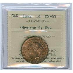 1892 Obv.4 1¢ ICCS MS65 Red.  An amazing Victoria Large cent