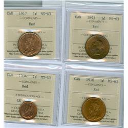 1893, 1917, 1918, 1934.  Lot of 4 ICCS graded 1¢ coins, all 