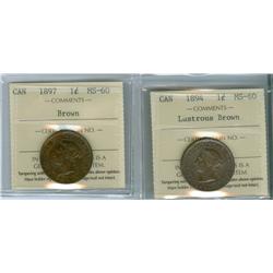 1894 and 1897.  Lot of 2 ICCS graded 1¢ coins, both MS60. 