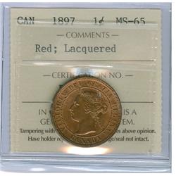 1897 1¢ ICCS MS65RD.  Designated as lacquered, 85% red.