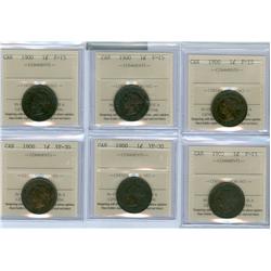 1900 1¢  Lot of 6 ICCS graded coins, F15 (4), VF30 (2).