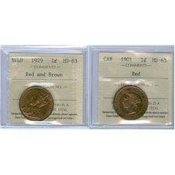 1901 1¢ & 1929 Nfld 1¢.  Lot of 2 coins both ICCS  MS63 Red 