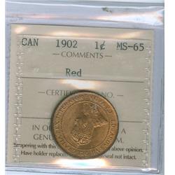 1902 1¢ ICCS MS65RD.  Nice lustrous example 85% red.