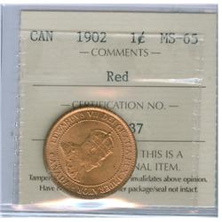 1902 1¢ ICCS MS65RD.  Nice lustrous example 90% red.