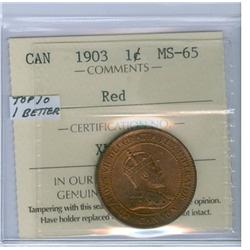 1903 1¢ ICCS MS65RD.  A gem coin with a strong wine red fini