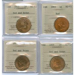 1903, 1905, 1909 and 1910 1¢.  Lot of four ICCS MS63 graded 