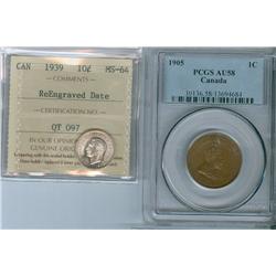 1905 1¢ PCGS AU58 & 1939 Re engraved date 10¢ MS64.  Lot of 