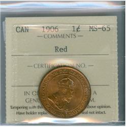 1906 1¢ ICCS MS65 Red, attactive and fully lustrous 90% red.