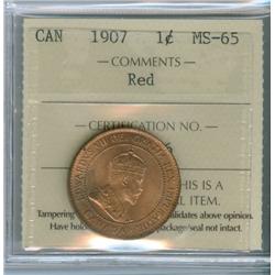 1907 1¢ ICCS MS65 Red, attactive and fully lustrous 90% red.