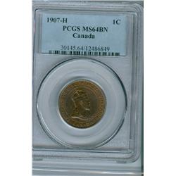 1907H 1¢ PCGS MS-64BN. A nice red/brown example with perfect