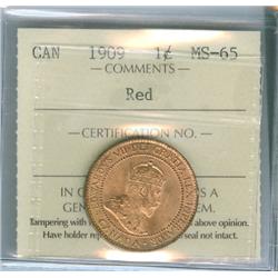 1909 1¢ ICCS MS65RD. Superb example 80% red.
