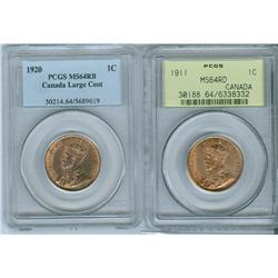 1911 1¢ MS64RD & 1920 1¢MS64RB.  Lot of two coins both PCGS 