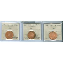 1913, 1915 & 1917 1¢ ICCS MS64RD.  Lot of three coins all Re
