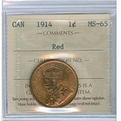 1914 1¢ ICCS MS65RD.  Lustrous 80% red.