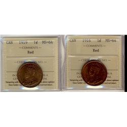 1916 & 1919 1¢ ICCS MS64RD.  Lot of two coins both about 75%