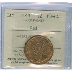 1917 1¢ ICCS MS65RD. Lustrous 70%RD.
