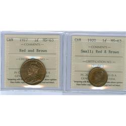 1917 and 1920 small,   Lot of 2 ICCS graded 1¢ coins, both M