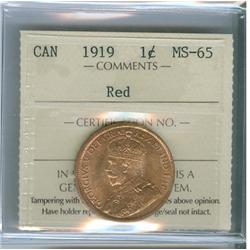 1919 1¢ ICCS MS65RD. Lustrous 80% red.