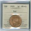 Image 1 : 1919 1¢ ICCS MS65RD. Lustrous 80% red.