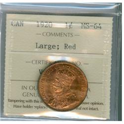 1920 Large 1¢ ICCS MS64 Red, 90% red lustre. A nice High end