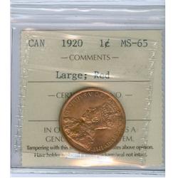 1920 1¢ Large ICCS MS65RD.  Lustrous 90% red.