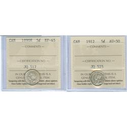 1890H & 1912 5¢. Lot of two coins ICCS EF45 and AU50 respect