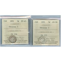 1891 5¢ Obv 5 EF45 & Obv 2 AU58.  Lot of 2 coins both ICCS g