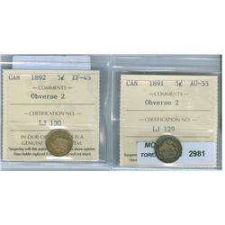 1891 5¢ Obv. port. #2. ICCS AU-55; 1892. Obv. port. #2. ICCS