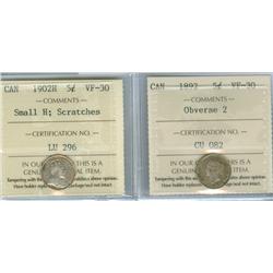 1892 5¢ Obv. 2 and 1902H Small H (scrts.) Lot of 2 ICCS grad