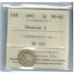 1892 5¢ Obv 2 ICCS MS60.  Light golden tone and lustrous.