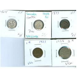 1893 (VF), 1903H (AU), 1904 (EF) and 1925 (F15) 5¢.  Lot of 