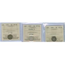 1894, 1897 Slender 8 and 1901 5¢.  Lot of 3 ICCS graded coin