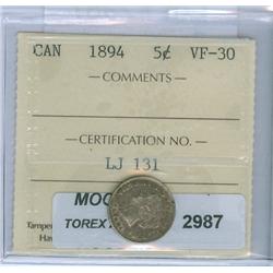 1894 5¢ ICCS VF-30. Medium heavy toning.