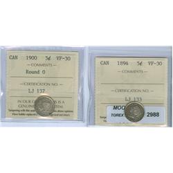 1894 5¢ ICCS VF-30; 1900, Round O. ICCS VF-30. Lot of two (2