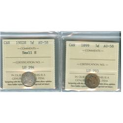 1899 and 1902 5¢ Small H Lot of 2 ICCS graded coins, both AU