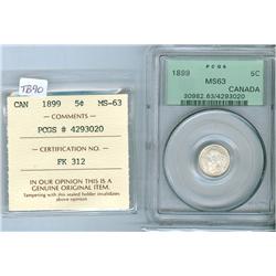 1899 5¢ PCGS/ICCS MS63.  Frostlike finish, in old PCGS green