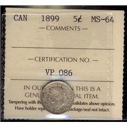 1899 5¢ ICCS MS64. Nicely toned.