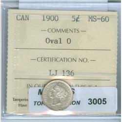 1900 5¢ Oval O. ICCS MS-60. Brilliant.