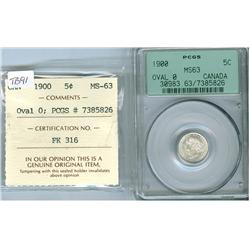 1900 5¢ Ov 0 PCGS/ICCS MS63.  Frostlike finish, in old PCGS 