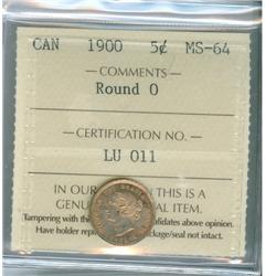 1900 5¢ Round 0 ICCS MS64.  Golden haze with great lustre. O