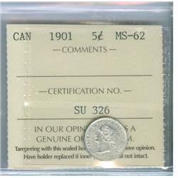 1901 5¢ ICCS MS62.  Silver grey with lustre.